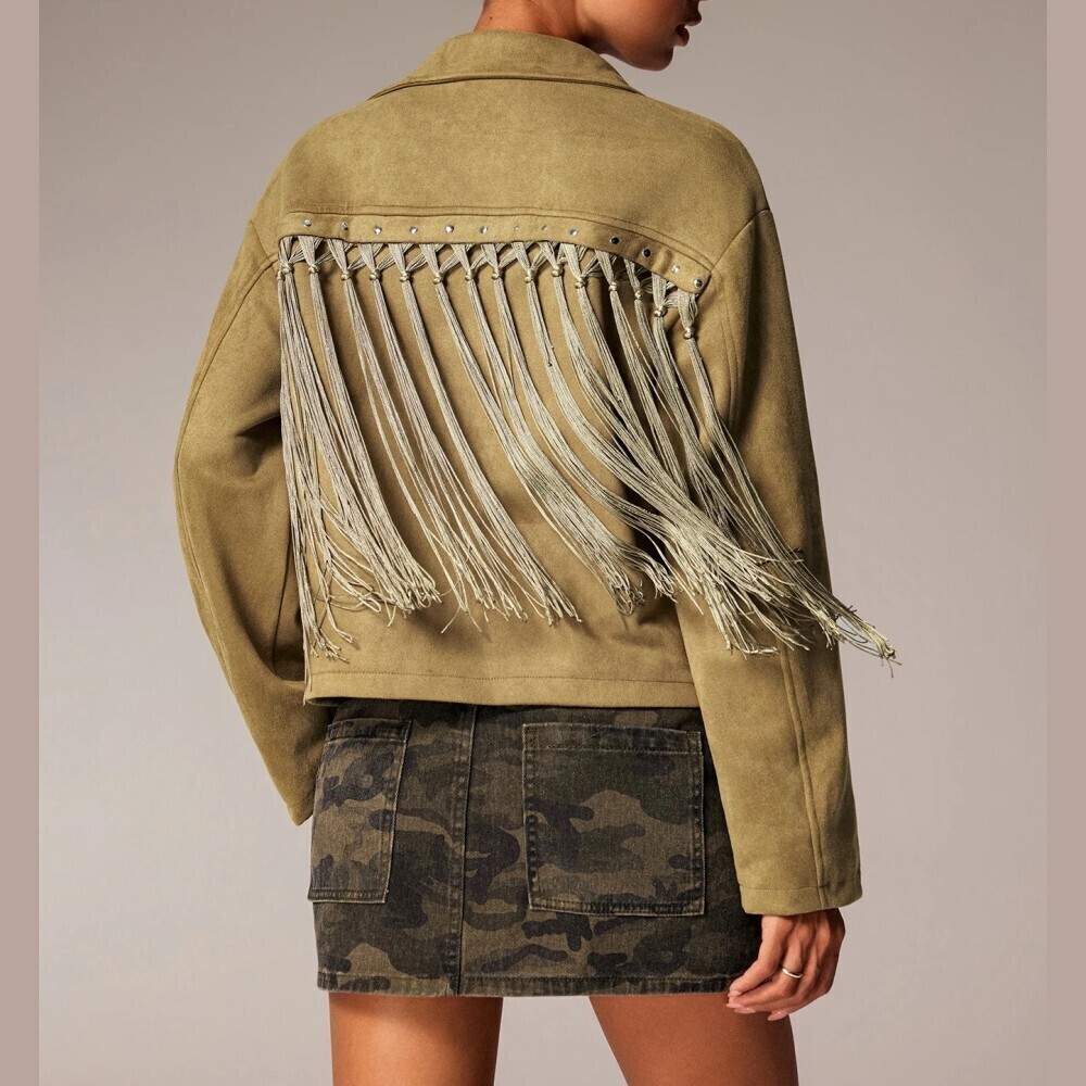 Olive Green Fringe Back Studded Collar Cropped Jacket